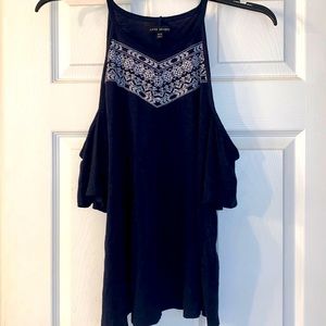 Lane Bryant Navy Blue and White Cold Shoulder Top